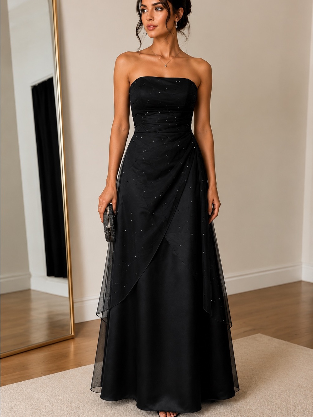 Betsy & Adam Black Strapless Evening Gown with Sparkle Overlay